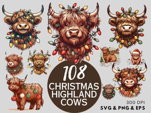 108 Christmas Highland Cows SVG, EPS, PNG