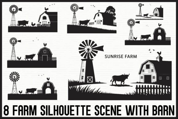 8 Farm Silhouette Scene with Barn Bundle: Graphics & Illustrations for Authentic Country Branding