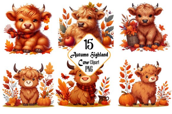 Autumn Highland Cow Sublimation Clipart: Graphics & Illustrations
