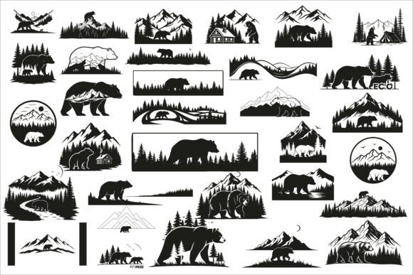Beautiful Bear Forest Mountain Scene Graphics