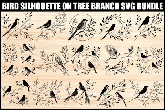 Bird Silhouettes on Branch SVG Bundle: Graphics & Illustrations