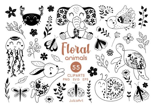 Black Floral Animal Clipart: Graphics for Crafts & Branding