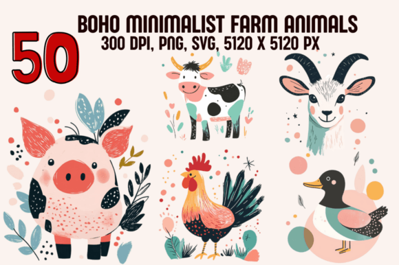 Boho Minimalist Farm Animals Graphics & Illustrations