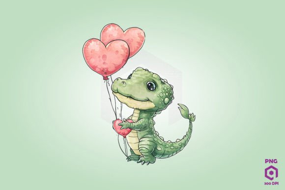 Crocodile Holding Heart-Shaped Balloons Graphics & Illustrations
