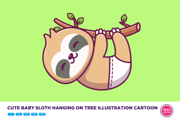Cute Baby Sloth Hanging on Tree Cartoon Graphics & Illustrations