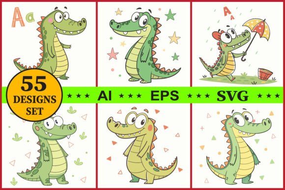 Cute Cartoon Crocodile Vector Bundle Set