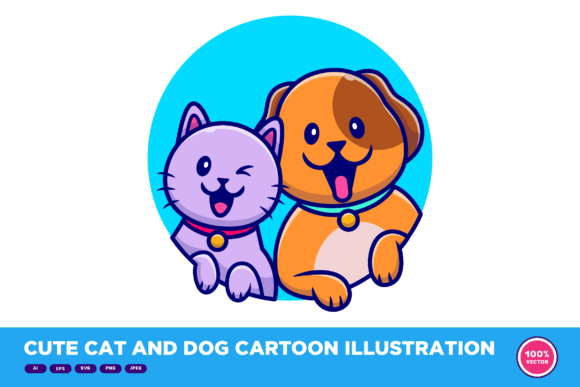 Cute Cat and Dog Cartoon Illustration