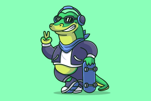 Cute Cool Crocodile with Skateboard Graphics & Illustrations