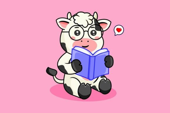 Cute Cow Reading Book Vector Illustration: Graphics & Illustrations for Local Brands