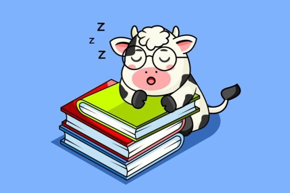 Cute Cow Sleeping While Reading Book Graphics & Illustrations