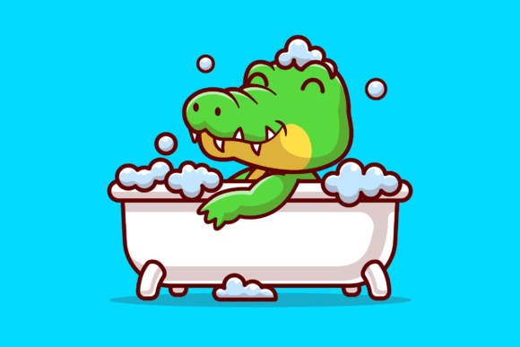 Cute Crocodile Bathing in Bathtub Graphics & Illustrations