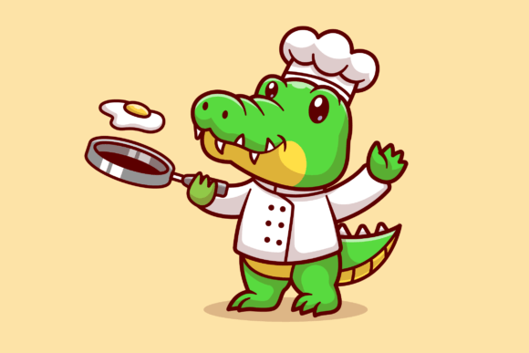 Cute Crocodile Chef Cooking Egg Cartoon: Graphics & Illustrations for Real Publishing