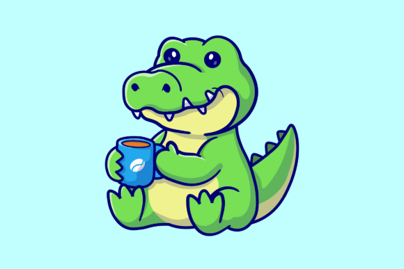 Cute Crocodile Drinking Coffee Cartoon Graphics & Illustrations