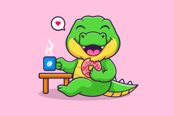 Cute Crocodile Eating Donut and Drink Graphics