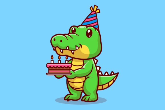 Cute Crocodile Holding Birthday Cake Graphics & Illustrations