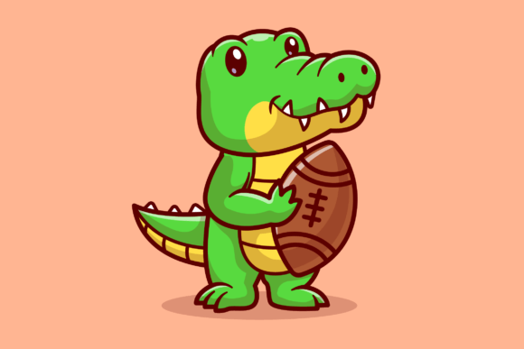 Cute Crocodile Holding Rugby Ball Graphics & Illustrations