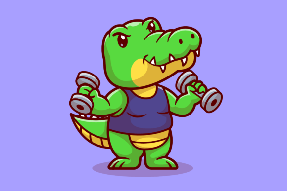 Cute Crocodile Lifting Dumbbell Cartoon Graphics & Illustrations