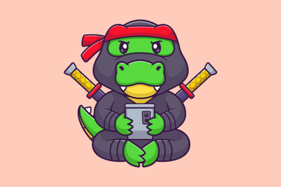 Cute Crocodile Ninja Holding Phone Graphics & Illustrations