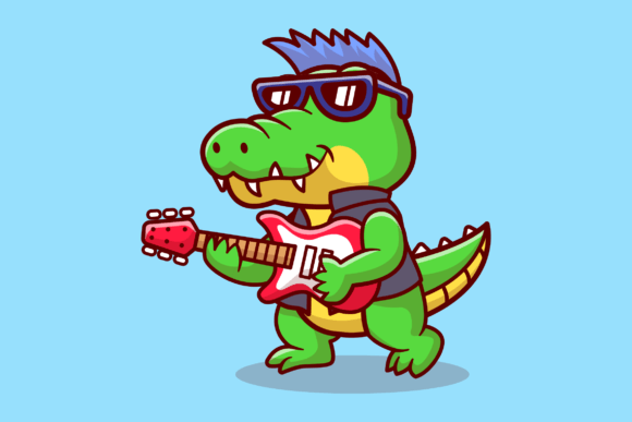 Cute Crocodile Playing Electric Guitar Graphics & Illustrations
