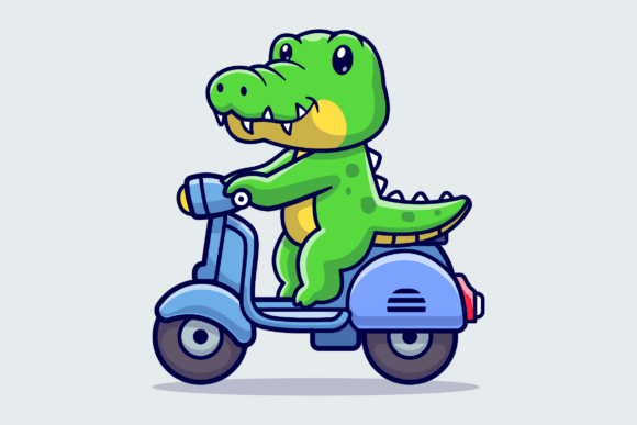 Cute Crocodile Riding Scooter Cartoon Graphics & Illustrations