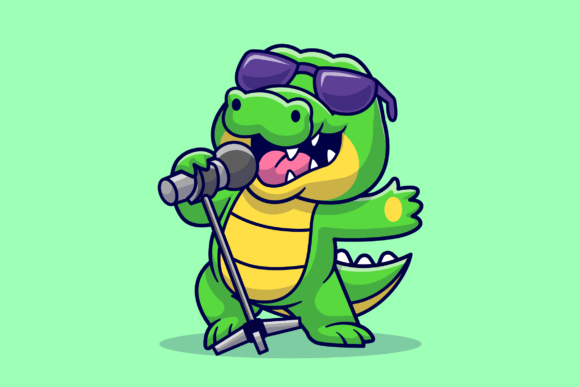 Cute Crocodile Singing Cartoon Graphics & Illustrations