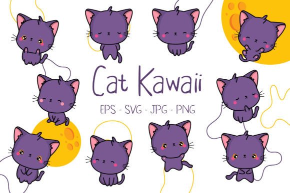 Cute Kawaii Violet Cat Graphics & Illustrations
