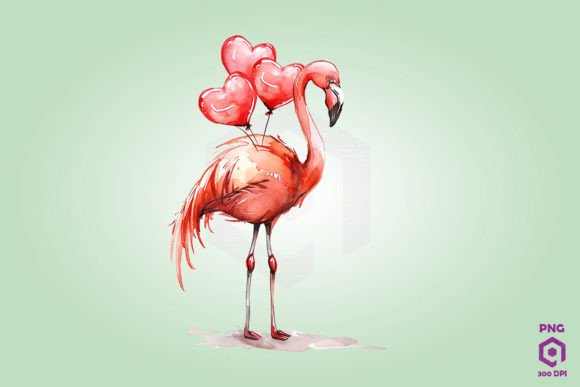 Flamingo Holding Heart-Shaped Balloons Graphics