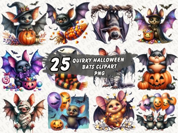 Halloween Quirky Bats Clipart Bundle PNG: Graphics & Illustrations