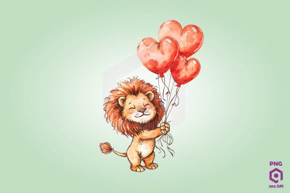 Lion Holding Heart-Shaped Balloons Graphics