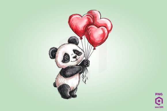 Panda Holding Heart-Shaped Balloons Graphics