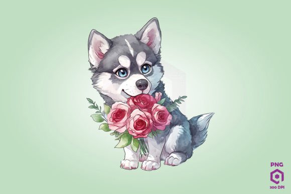 Siberian Husky Giving Flowers Graphics & Illustrations