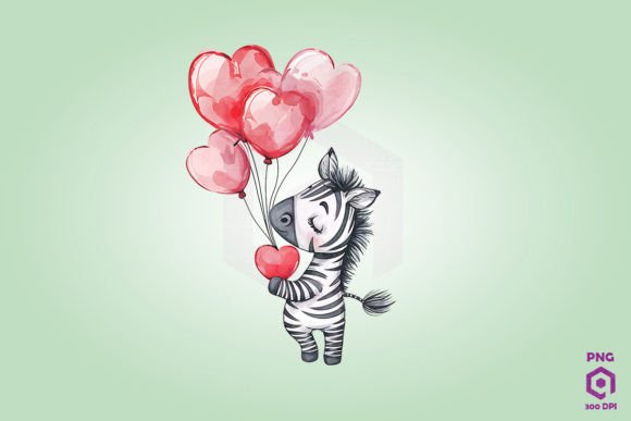 Zebra Holding Heart-Shaped Balloons Graphics